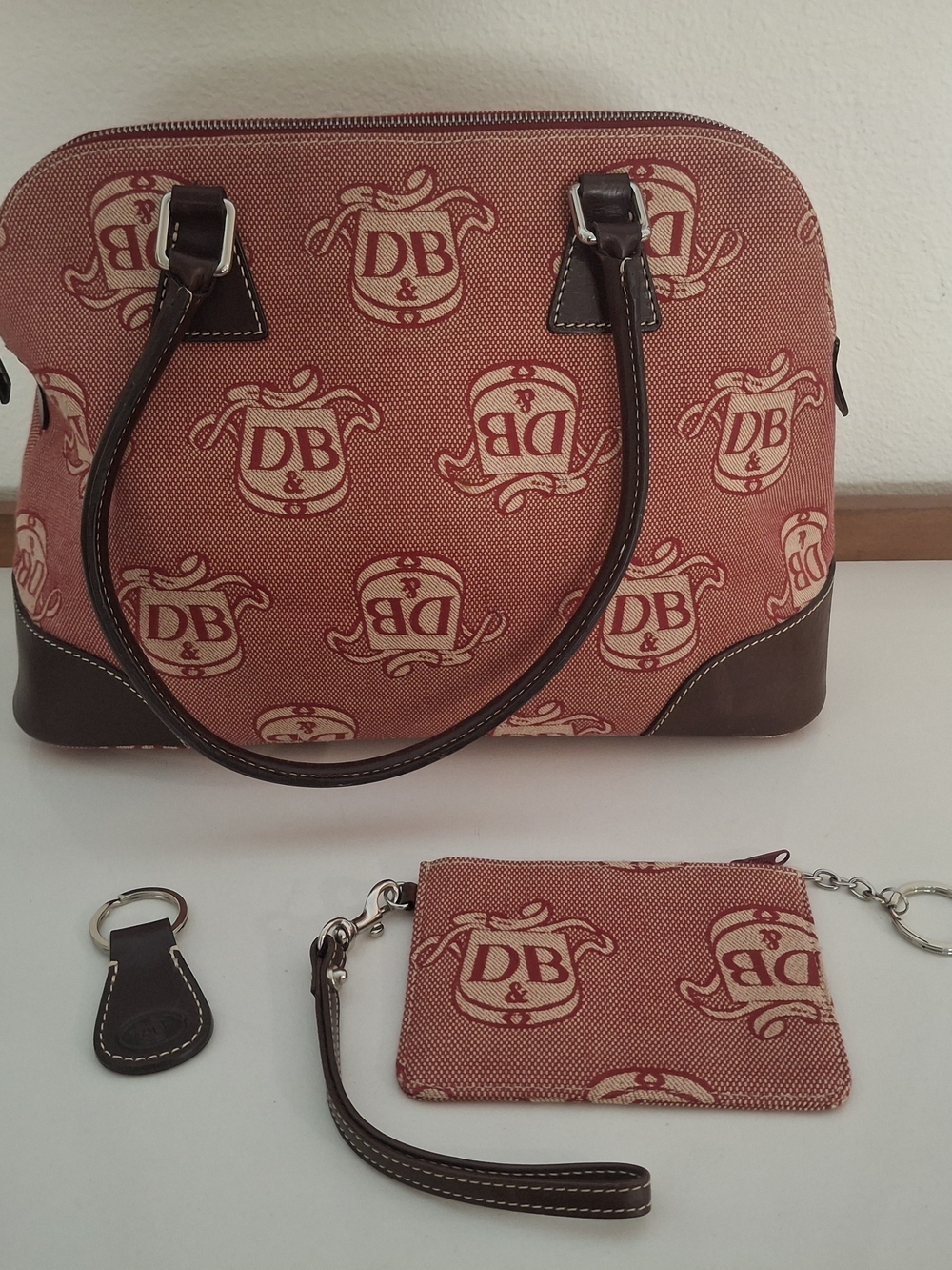 Dooney & Bourke Red Monogram Canvas Tote Brown Trim Change Purse And Keychain